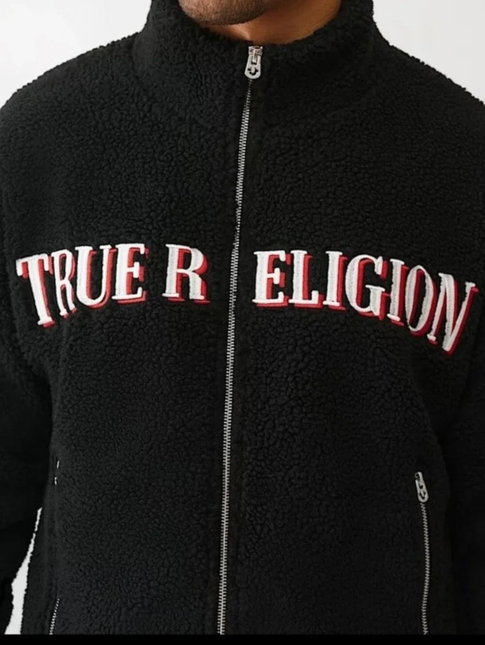 NWT True Religion Sherpa Logo Jacket Full Zip Black